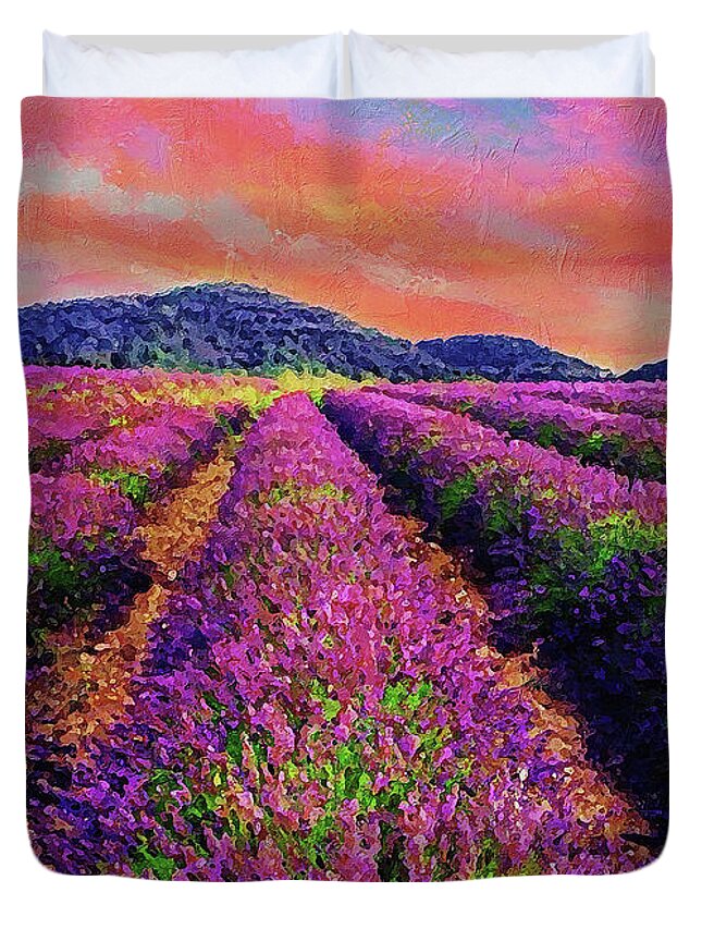 Lavender Duvet Cover featuring the painting Lavender fields - 10 by AM FineArtPrints