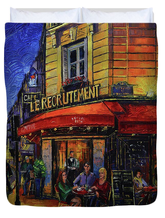 Paris Duvet Cover featuring the painting Le Recrutement Cafe Paris by Mona Edulesco