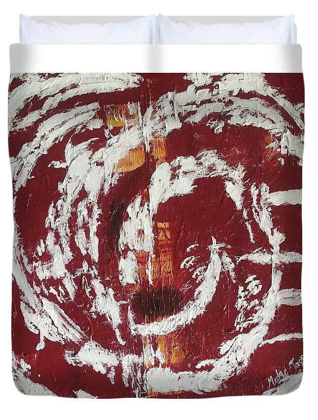 Tourbillon Spiral Red Yellow White Duvet Cover featuring the painting Tourbillion de Joie by Medge Jaspan