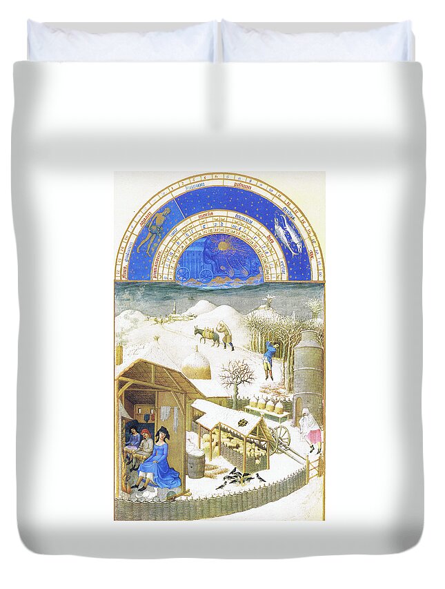 Middle Ages Duvet Cover featuring the painting Le Tres riches heures du Duc de Berry - February by Limbourg brothers
