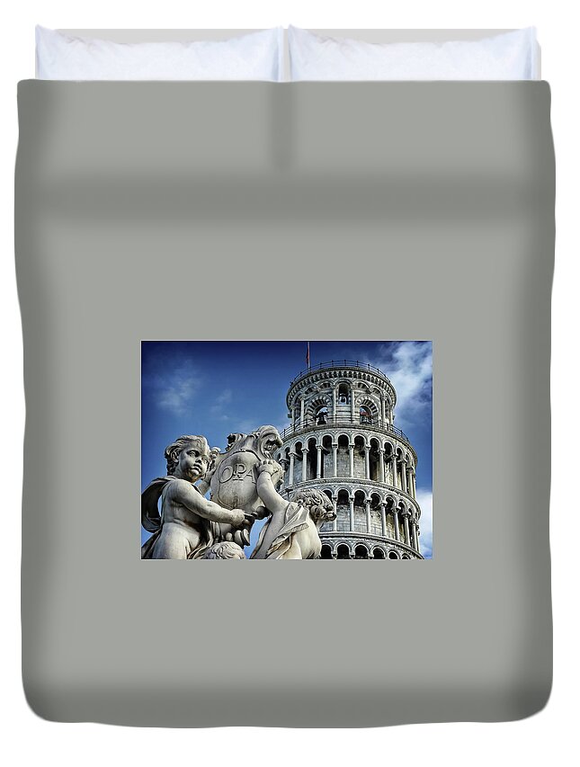 Tranquility Duvet Cover featuring the photograph Leaning Tower Of Pisa With Statue In by Christopher Chan