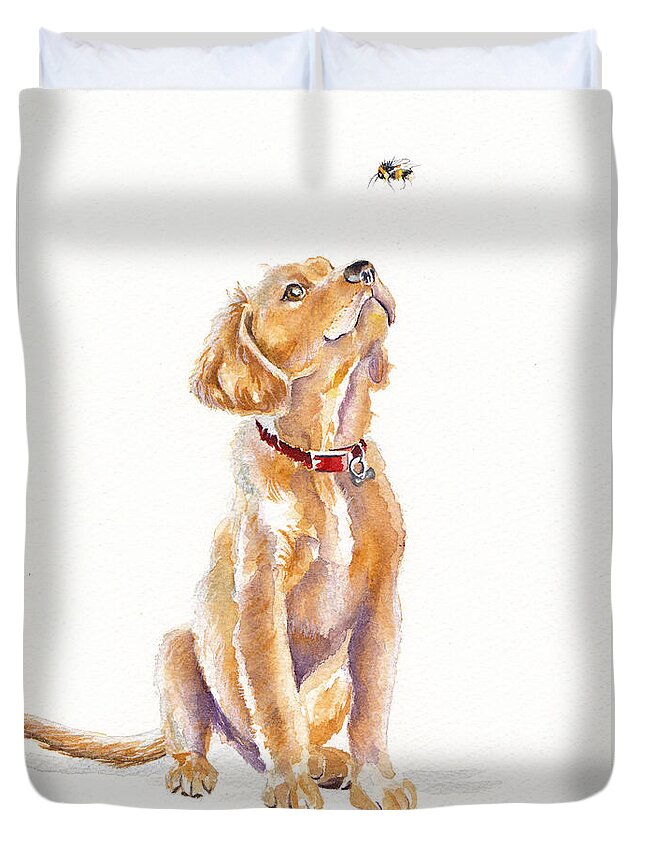 Labrador Duvet Cover featuring the painting Leave It, Charlie - Labrador Retriever Puppy by Debra Hall