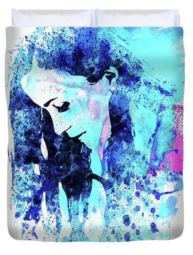 Alanis Morrissette Duvet Cover featuring the mixed media Legendary Alanis Morissette Watercolor by Naxart Studio
