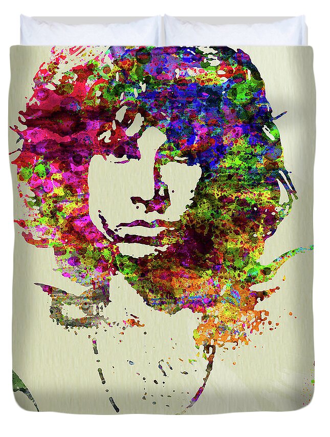 Jim Morrison Duvet Cover featuring the mixed media Legendary Jim Morrison Watercolor by Naxart Studio