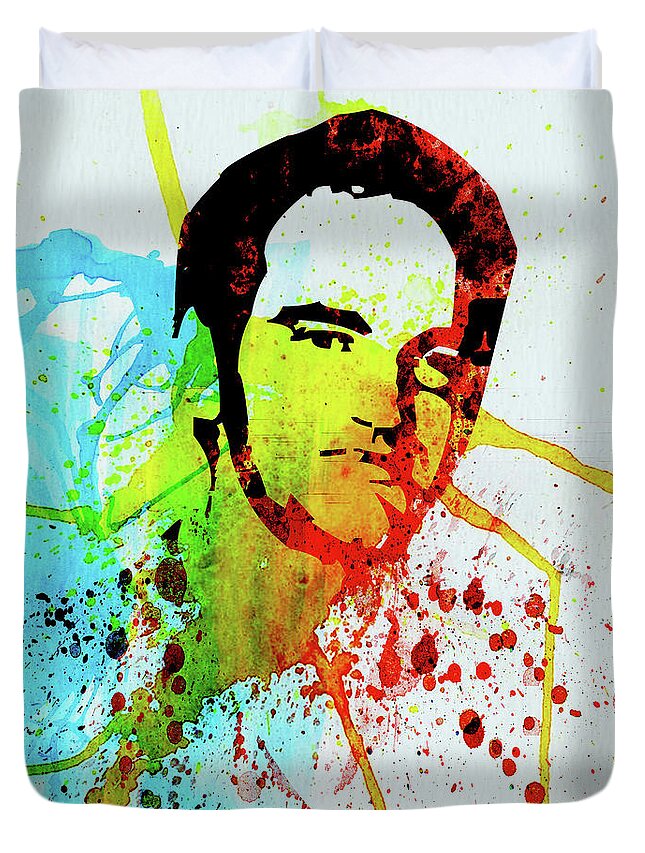 Quentin Tarantino Duvet Cover featuring the mixed media Legendary Quentin Watercolor I by Naxart Studio