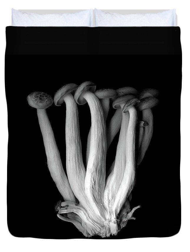 Edible Mushroom Duvet Cover featuring the photograph Les Pleureuses En Deuil B&w by Photograph By Magda Indigo