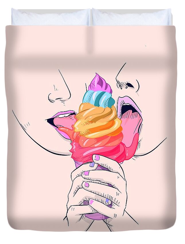 Lesbian Duvet Cover featuring the drawing Lesbian Ice Cream by Ludwig Van Bacon