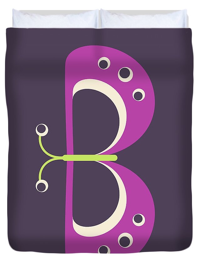 Animal Alphabet Duvet Cover featuring the digital art Letter B - Animal Alphabet - Butterfly Monogram by Jen Montgomery