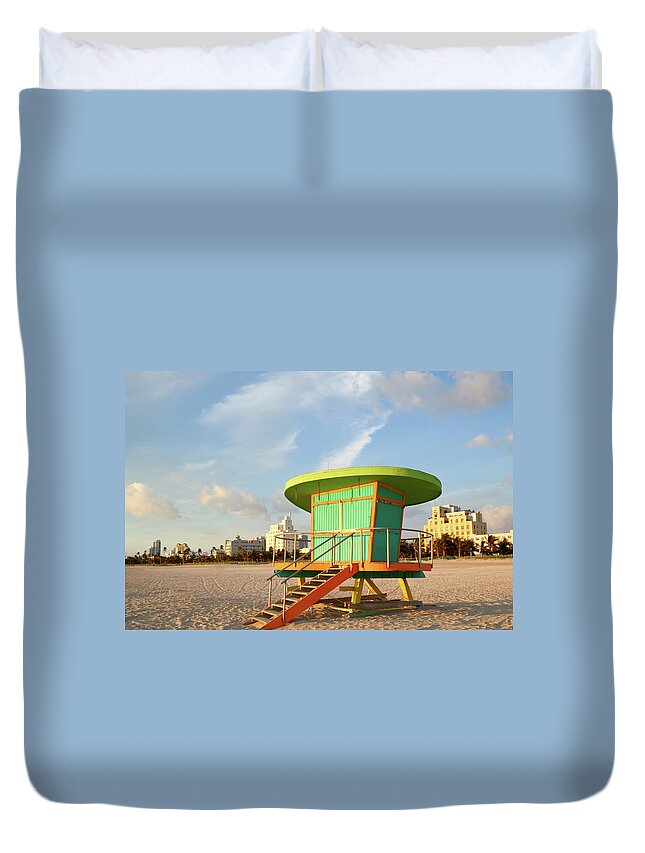 Dawn Duvet Cover featuring the photograph Lifeguard Station At Dawn, South Beach by Travelif