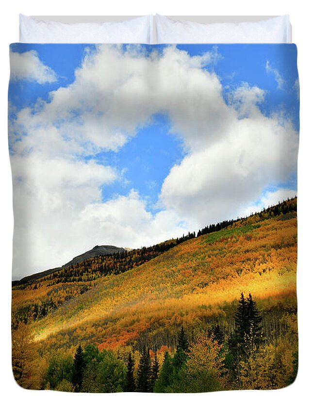 Red Mountain Pass Duvet Cover featuring the photograph Light Breaks Through onto Fall Colors by Ray Mathis