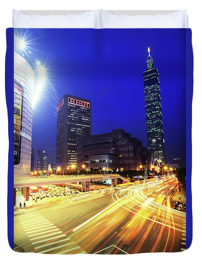 Elevated Walkway Duvet Cover featuring the photograph Light Trails And Taipei 101 by Joyoyo Chen