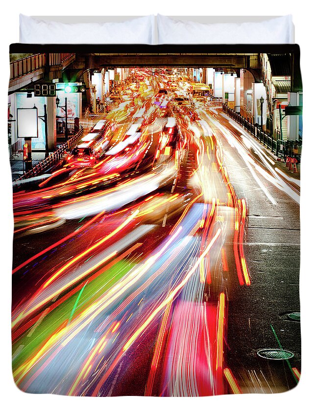 Southeast Asia Duvet Cover featuring the photograph Light Trails From Traffic, Bangkok by Holgs