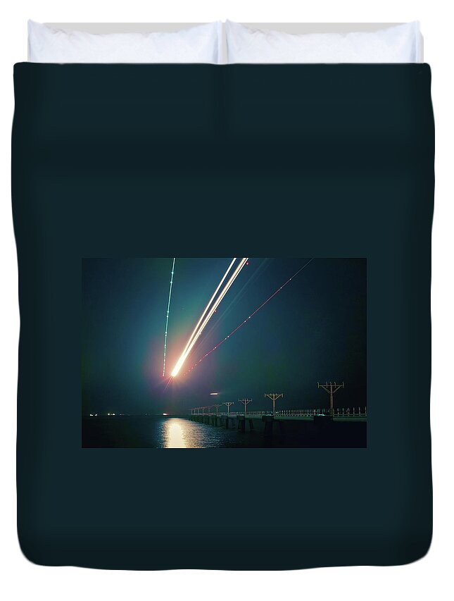 Outdoors Duvet Cover featuring the photograph Light Trails Of Landing Aircraft At by D3sign