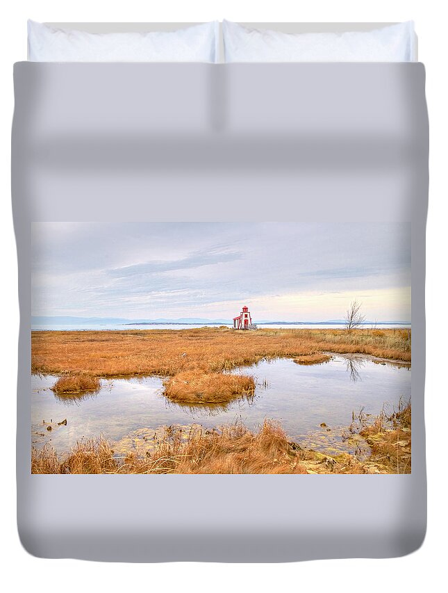 Outdoors Duvet Cover featuring the photograph Lighthouse At Moored River by Guylaine Bégin