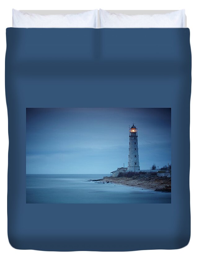 Scenics Duvet Cover featuring the photograph Lighthouse At Night by Sandsun