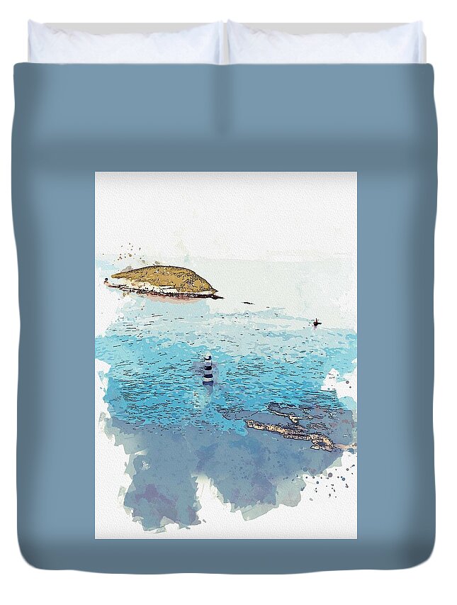 Lighthouse Duvet Cover featuring the painting Lighthouse, watercolor, c2019, by Adam Asar - 17 by Celestial Images