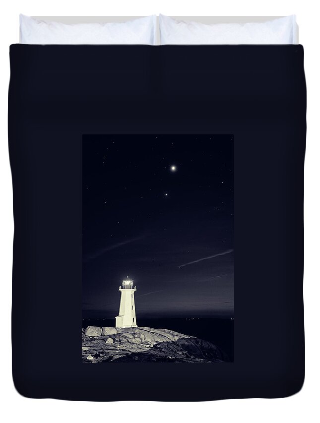 Scenics Duvet Cover featuring the photograph Lighthouse With Planets by Shaunl