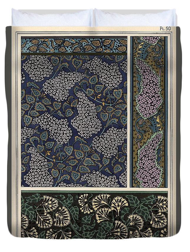 1897 Duvet Cover featuring the drawing Lilac in art nouveau patterns for wallpaper and fabric. Lithograph by Anna Martin. by Album