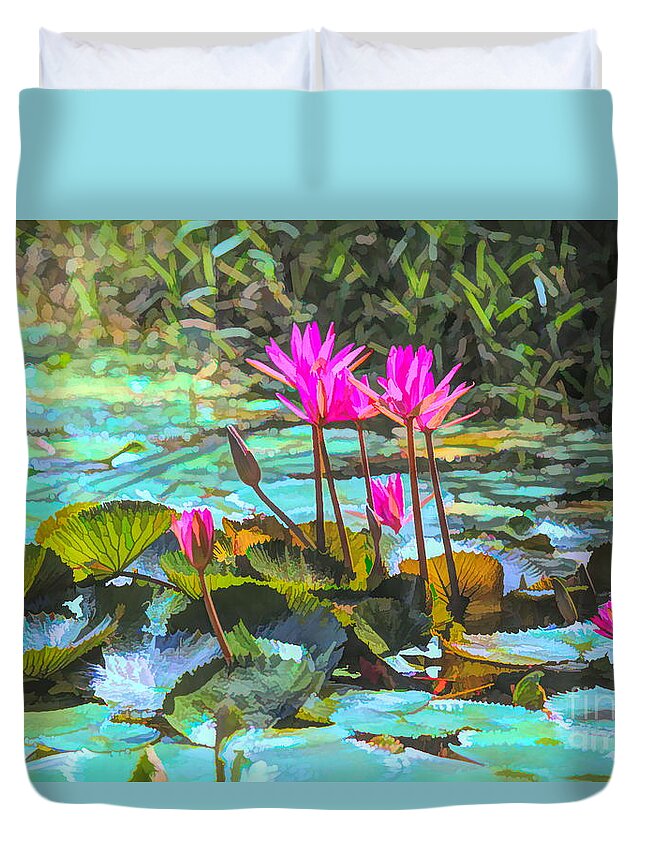 Vietnam Duvet Cover featuring the digital art Lily Pods Vietnam Art by Chuck Kuhn