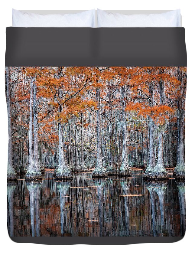Abstract Duvet Cover featuring the photograph Line of Cypress by Alex Mironyuk