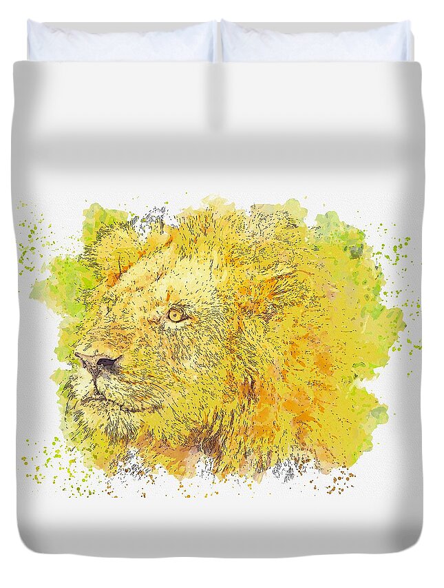 Lion Duvet Cover featuring the painting Lion kign - watercolor by Ahmet Asar by Celestial Images