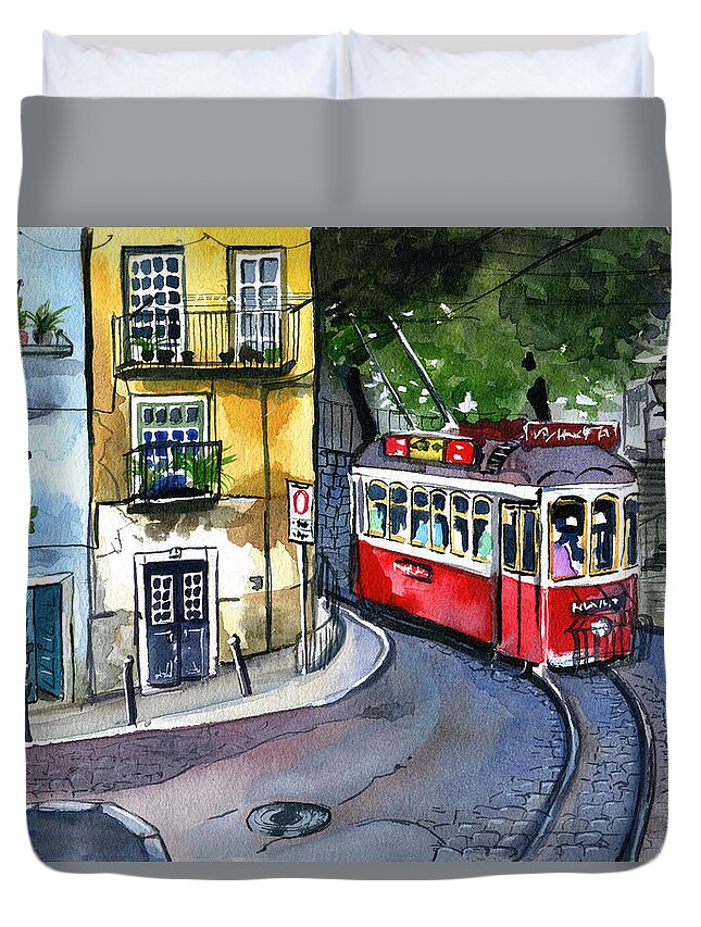 Lisboa Duvet Cover featuring the painting Lisbon Alfama Rua do Salvador by Dora Hathazi Mendes