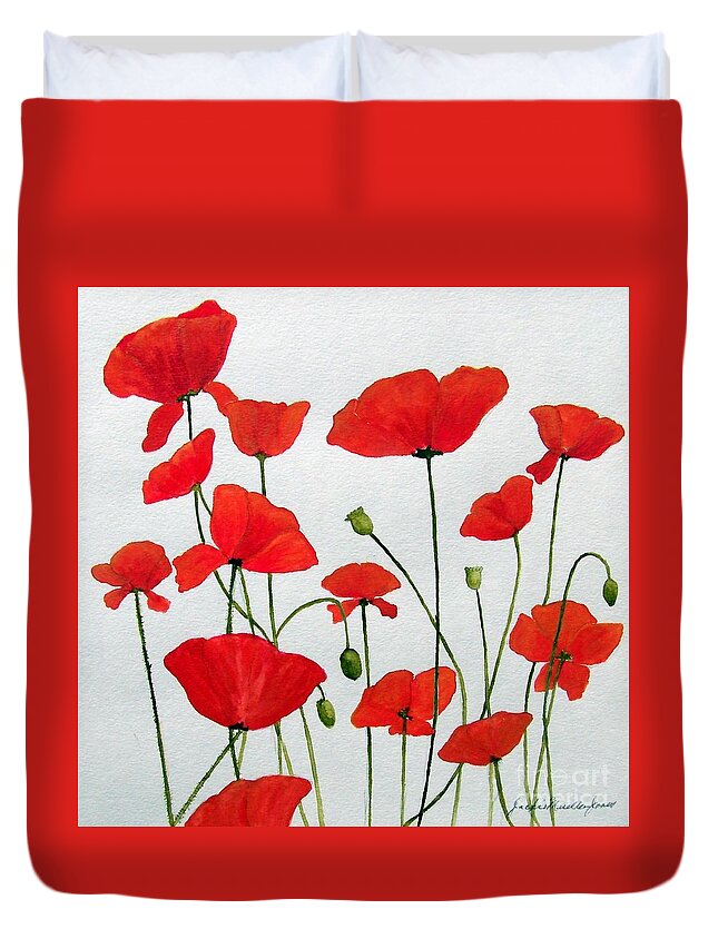 Red Duvet Cover featuring the painting Litter of Poppies by Jackie Mueller-Jones