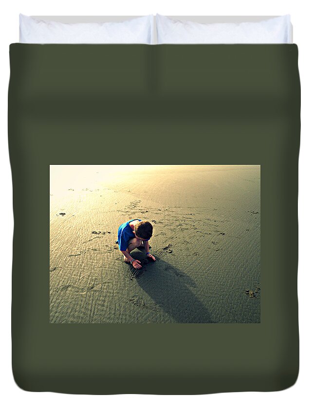 Little Boy On The Beach Duvet Cover featuring the photograph Little Boy on the Beach by Micki Findlay