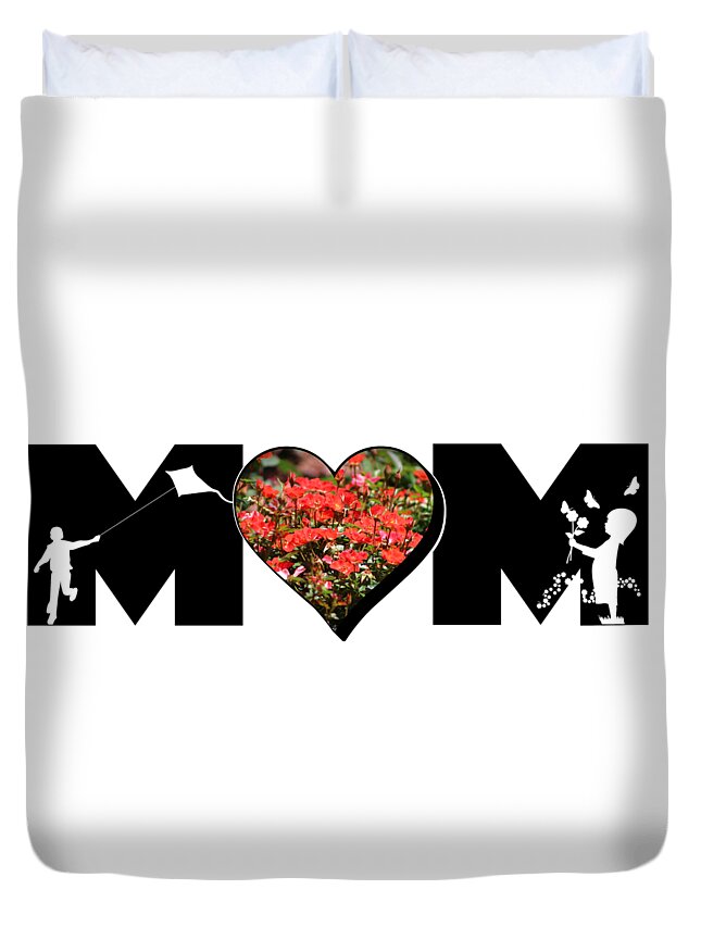 Mom Duvet Cover featuring the photograph Little Girl and Boy Silhouette in Mom Big Letter with Cluster of Red Roses in Heart by Colleen Cornelius