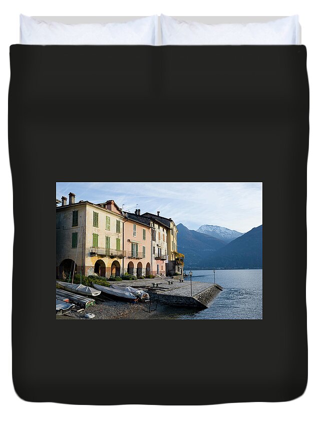 Water's Edge Duvet Cover featuring the photograph Little Harbour In Lake Como At Dawn by Cirano83
