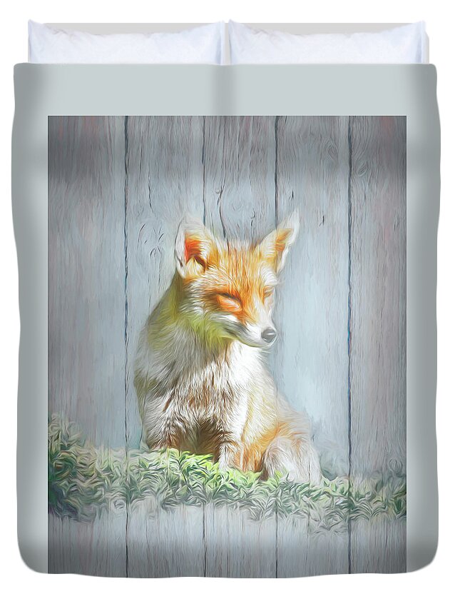 Animals Duvet Cover featuring the photograph Little Red Fox with Wood Texture Painting by Debra and Dave Vanderlaan