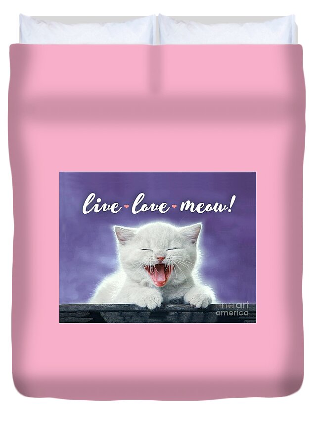 Cat Duvet Cover featuring the digital art Live Love Meow Purple by Evie Cook