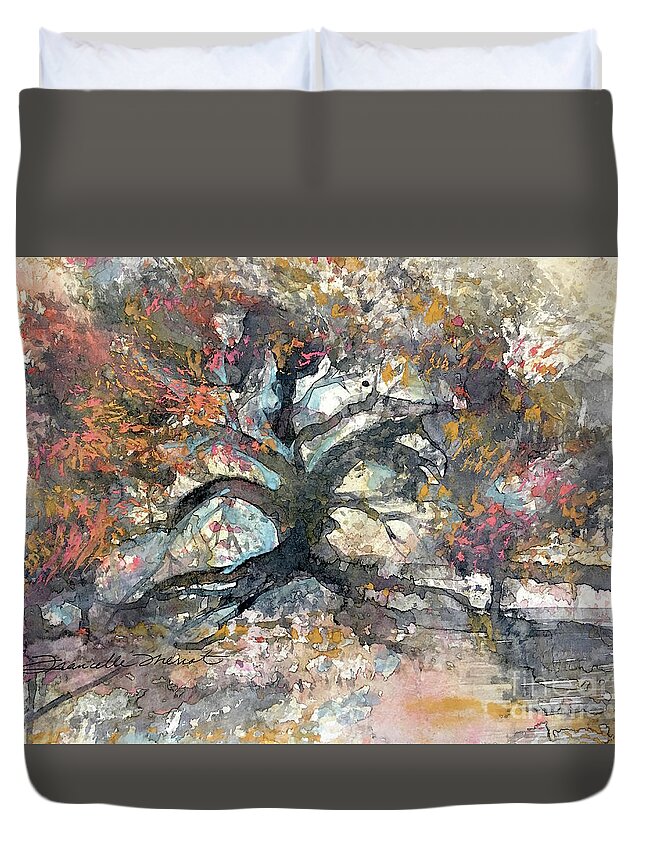 Impressionistic Floral Landscape Louisiana Watercolor Abstract Impressionism Water Bayou Lake Verret Blue Set Design Iris Abstract Painting Abstract Landscape Purple Trees Fishing Painting Bayou Scene Cypress Trees Swamp Bloom Elegant Flower Watercolor Coastal Bird Water Bird Interior Design Imaginative Landscape Oak Tree Louisiana Abstract Impressionism Set Design Fort Worth Texas Duvet Cover featuring the painting LiveCoral by Francelle Theriot
