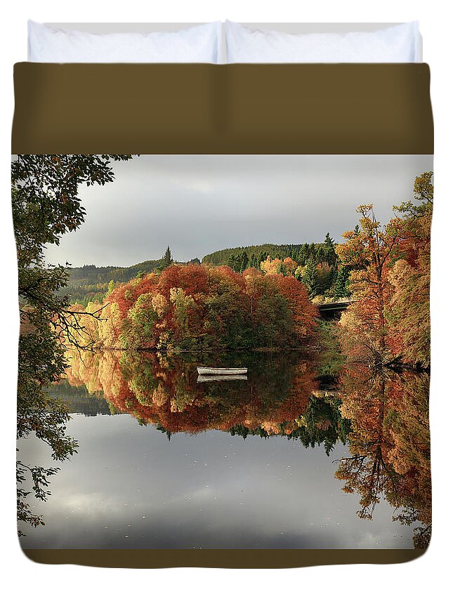 Loch Faskally Duvet Cover featuring the photograph Loch Faskally Autumn Reflection by Grant Glendinning