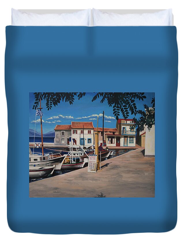 Paxos Duvet Cover featuring the painting Loggos harbour 1988 by Nop Briex