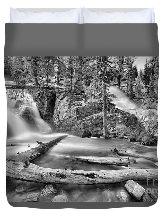 Twin Falls Duvet Cover featuring the photograph Logs Below Twin Falls Black And White by Adam Jewell