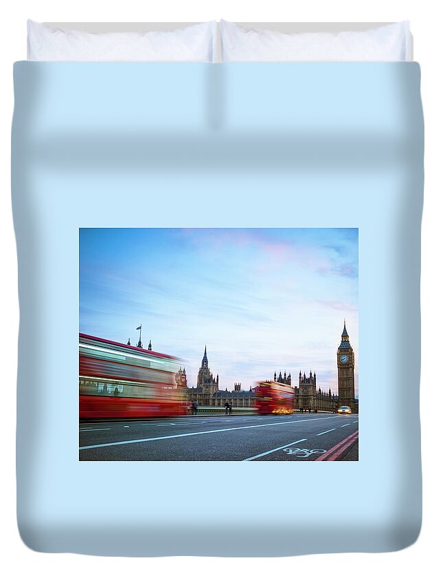 Clock Tower Duvet Cover featuring the photograph London Double Decker Bus Against Big Ben by Cirano83