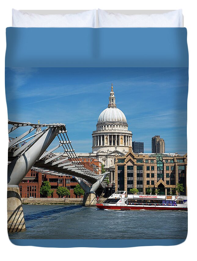 London Millennium Footbridge Duvet Cover featuring the photograph London, Millennium Footbridge And St by Sylvain Sonnet
