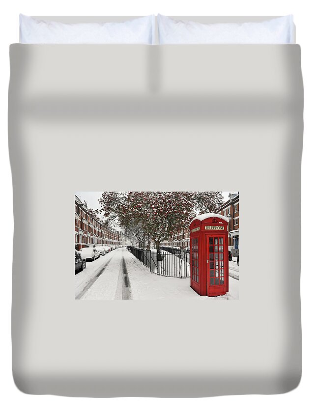 Snow Duvet Cover featuring the photograph London Phone Box by Oversnap