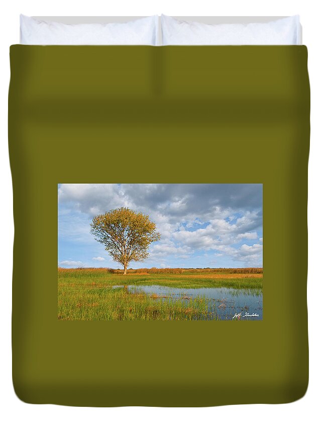 Autumn Duvet Cover featuring the photograph Lone Tree by a Wetland by Jeff Goulden