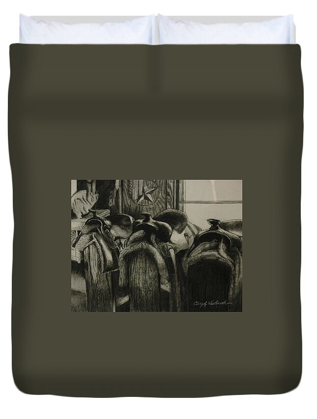 Saddle Duvet Cover featuring the drawing Long Day's Over by Cynthia Westbrook
