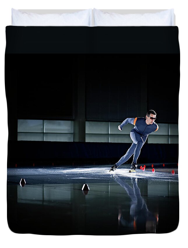 Expertise Duvet Cover featuring the photograph Long Track Speed Skater On Track In by Thomas Barwick