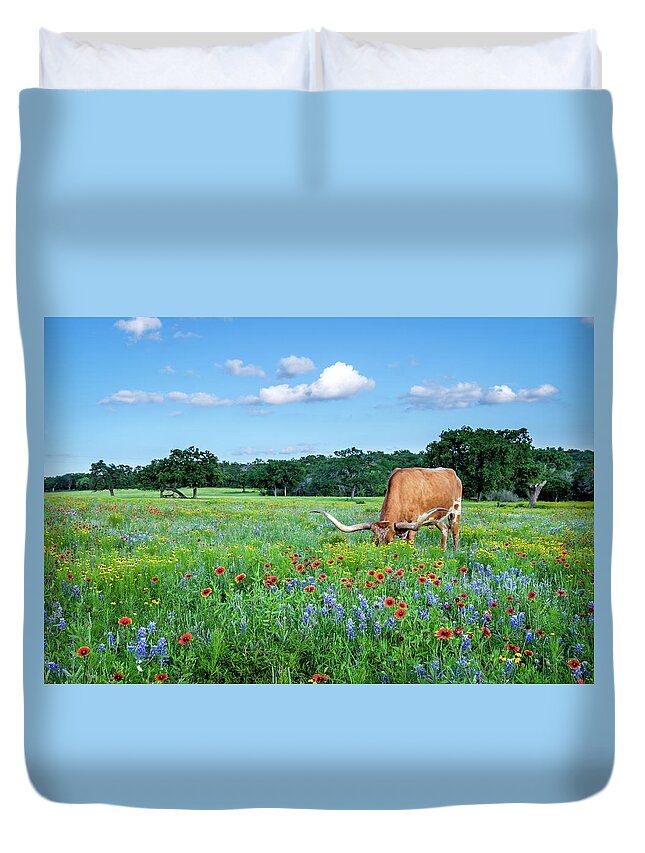 Texas Wildflowers Duvet Cover featuring the photograph Longhorn In Bluebonnets by Johnny Boyd