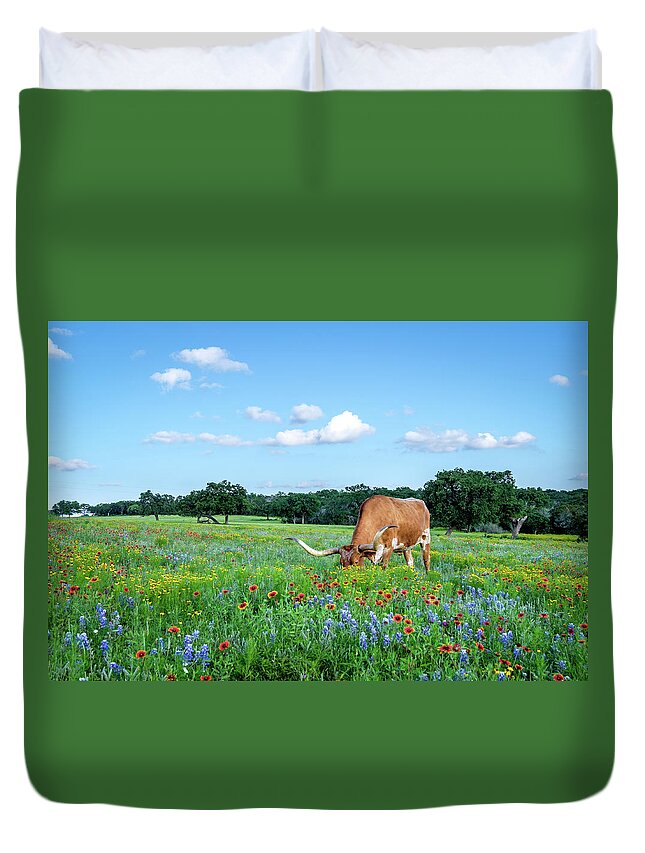 Texas Wildflowers Duvet Cover featuring the photograph Longhorns In Bluebonnets II by Johnny Boyd