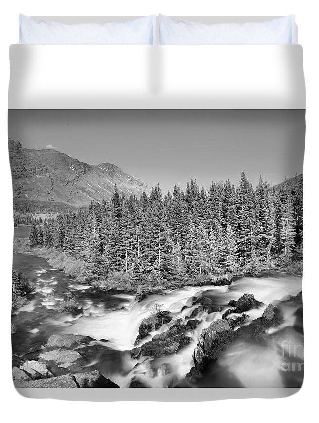 Red Rock Falls Duvet Cover featuring the photograph Looking Down Glacier Red Rock Falls Black And White by Adam Jewell