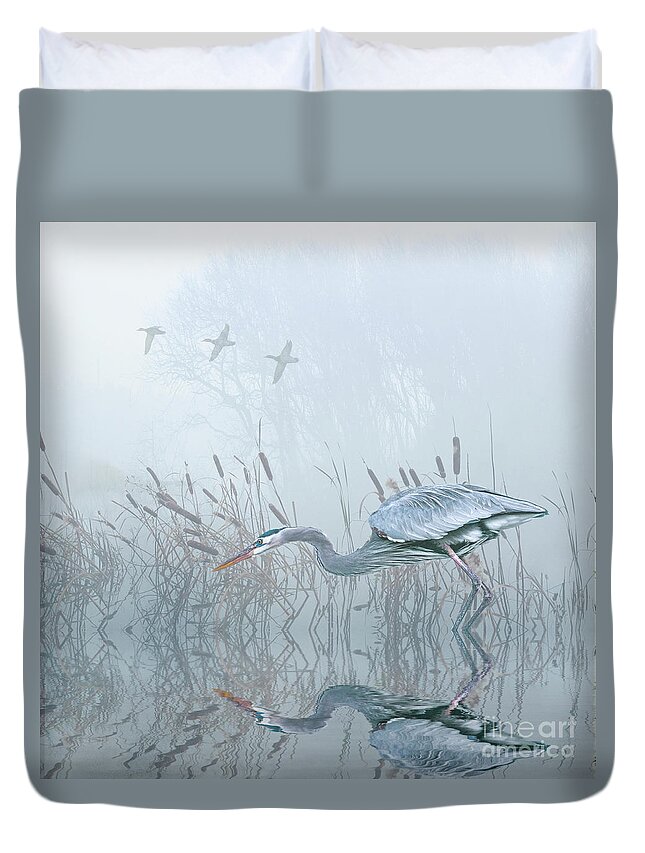 Grey Heron Duvet Cover featuring the digital art Looking for an early catch by Brian Tarr