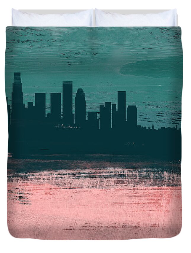 Los Angeles Duvet Cover featuring the mixed media Los Angeles Abstract Skyline II by Naxart Studio