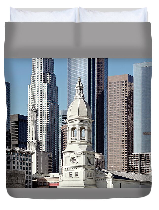 Downtown District Duvet Cover featuring the photograph Los Angeles Skyscraper Buildings by Edwin Beckenbach