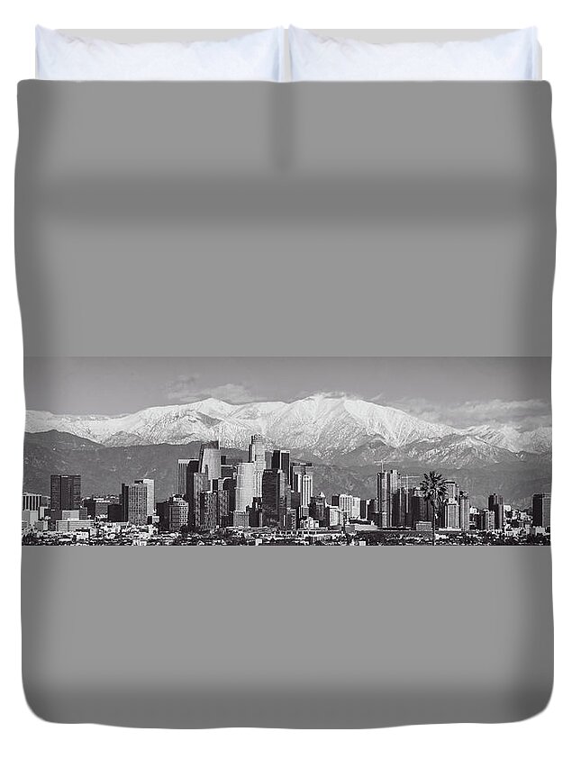 Los Angeles Duvet Cover featuring the photograph Los Angeles Snow Panorama in Black and White by Lynn Bauer