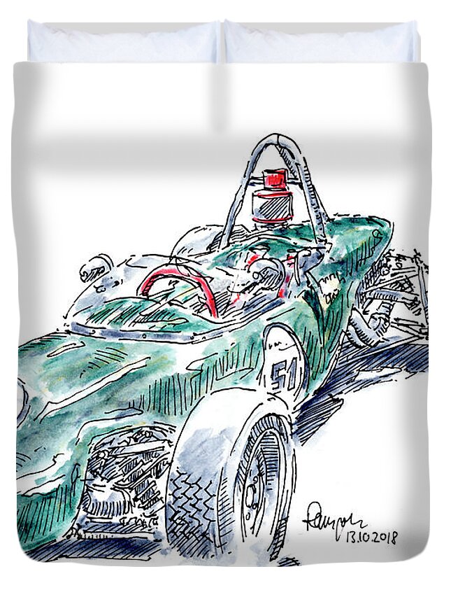 Formula Ford Duvet Cover featuring the drawing Lotus 51 Formula Ford Racecar Ink Drawing and Watercolor by Frank Ramspott